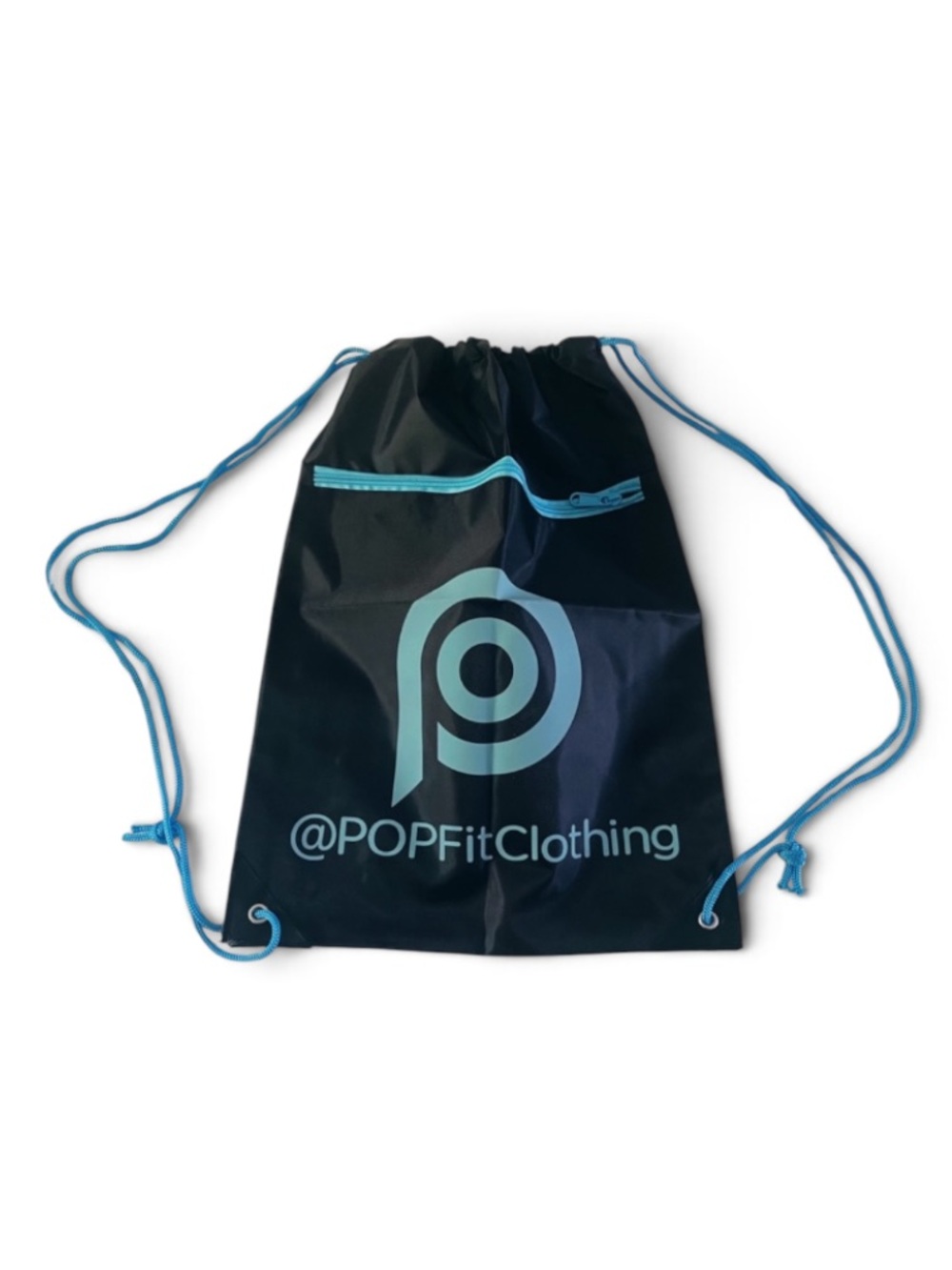 New POP FIT Black Blue Drawstring Zipper Gym Bag Tote